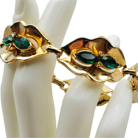 Coro Green Rhinestone Bracelet Gold Vermeil Vintage 40s Oval Link 7" L Corocraft - Picture 2 of 12